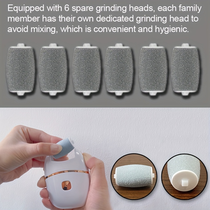 rechargeable electric   scrubber with 6 interchangeable heads for removing dead skin and polishing   usb featuring a smooth two tone design white and golden and an ergonomic handle for a comfortable user experience Product details 2
