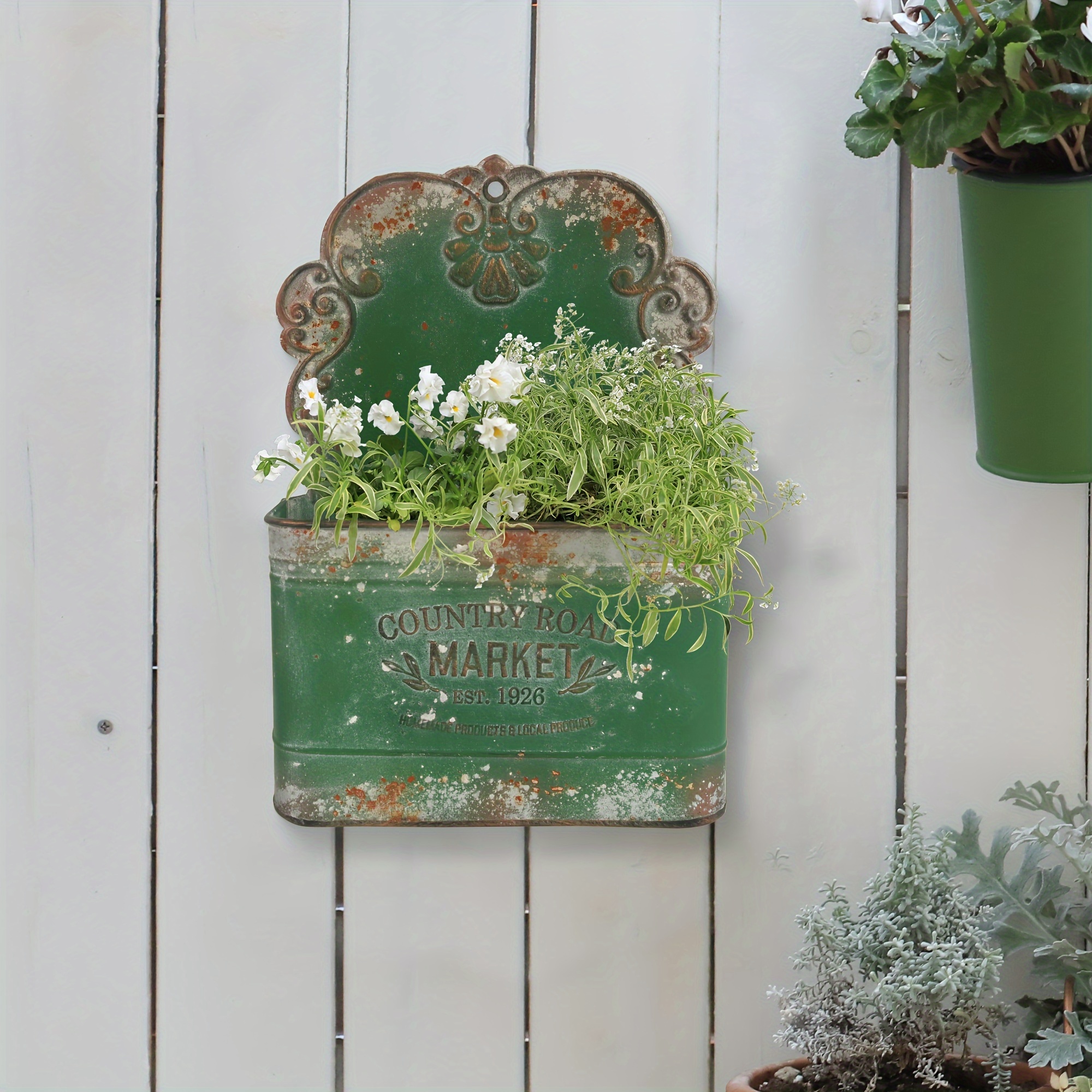 Image of 1pc Outdoor Wall-mounted Flower Pot, Rustic Hanging Wall Planter For Farmhouse Garden Decoration, Metal Wall Flower Pot Measuring 9.25*13.2 Inches