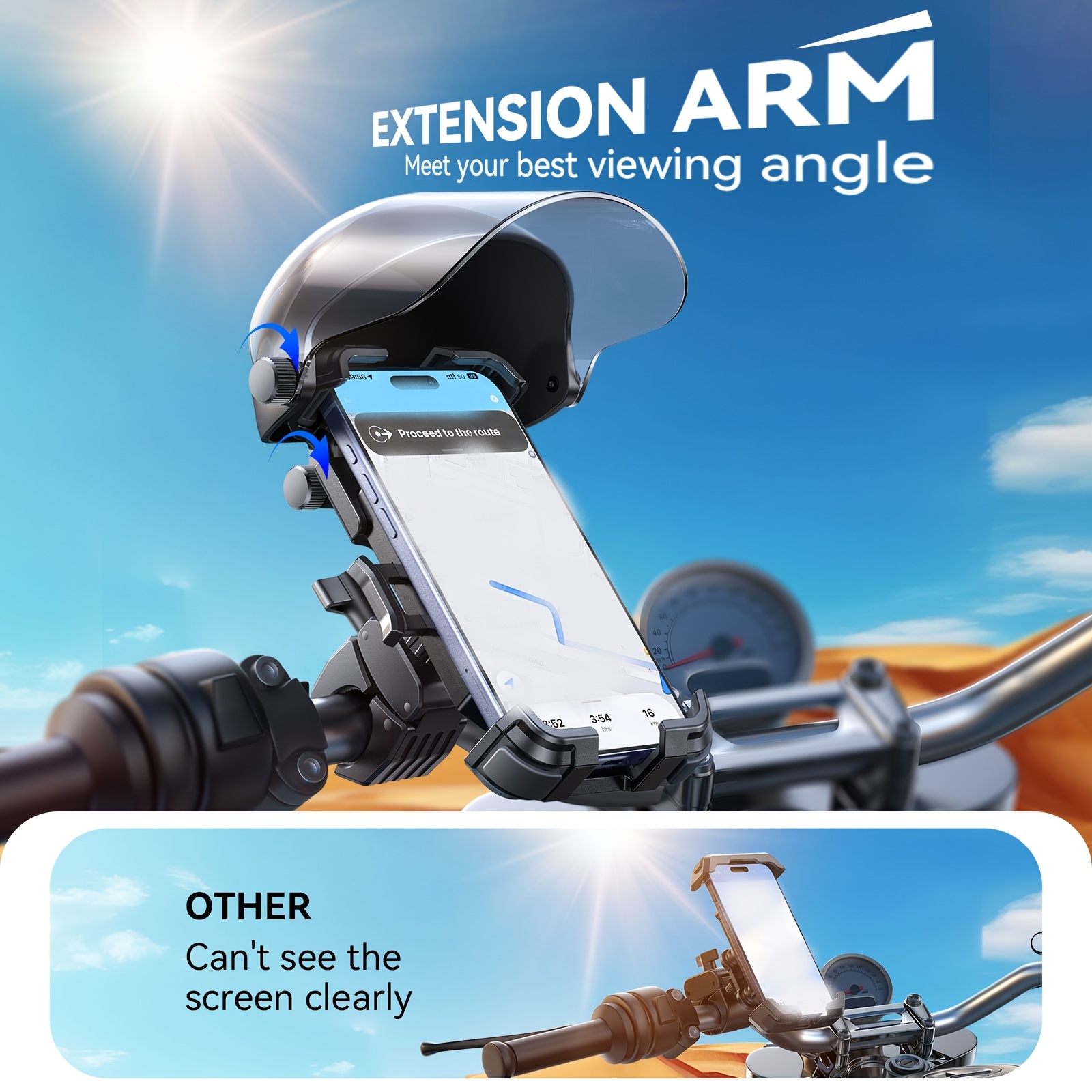 Motorcycle Phone Mount Holder, [All-Weather Sunshade And Overheat Protection] Phone Holder for Motorcycle ATV Scooter, [120Mph Secure Lock] Handlebar Phone Mount for Iphone 17, All 11.94-17.78cm Phones, Without Battery