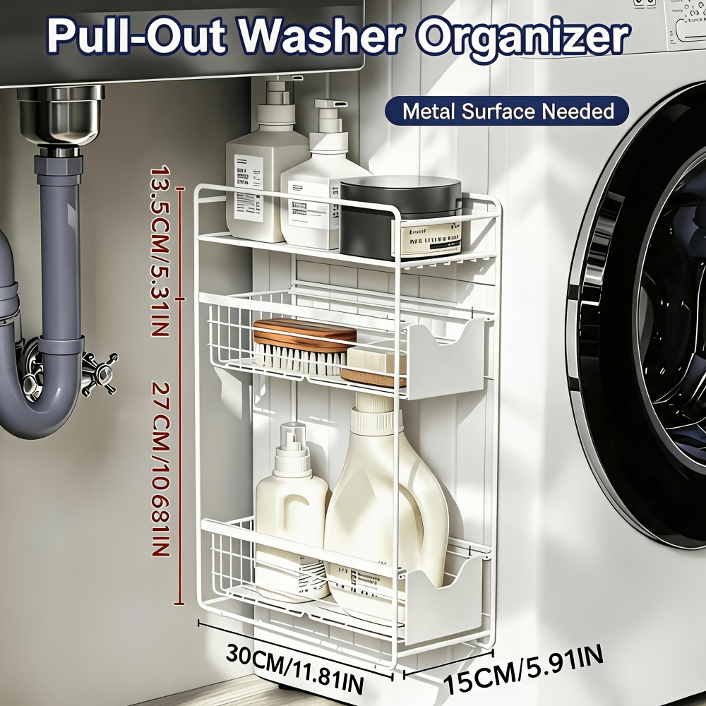 Image of No-drill 3-tier Magnetic Shelves With Pull-out Drawer, Tool Free Installation, Strong Magnets For Fridge, Washing Machine, Metal Door Can Create Extra Storage In Tight Spaces, Standing Shelf