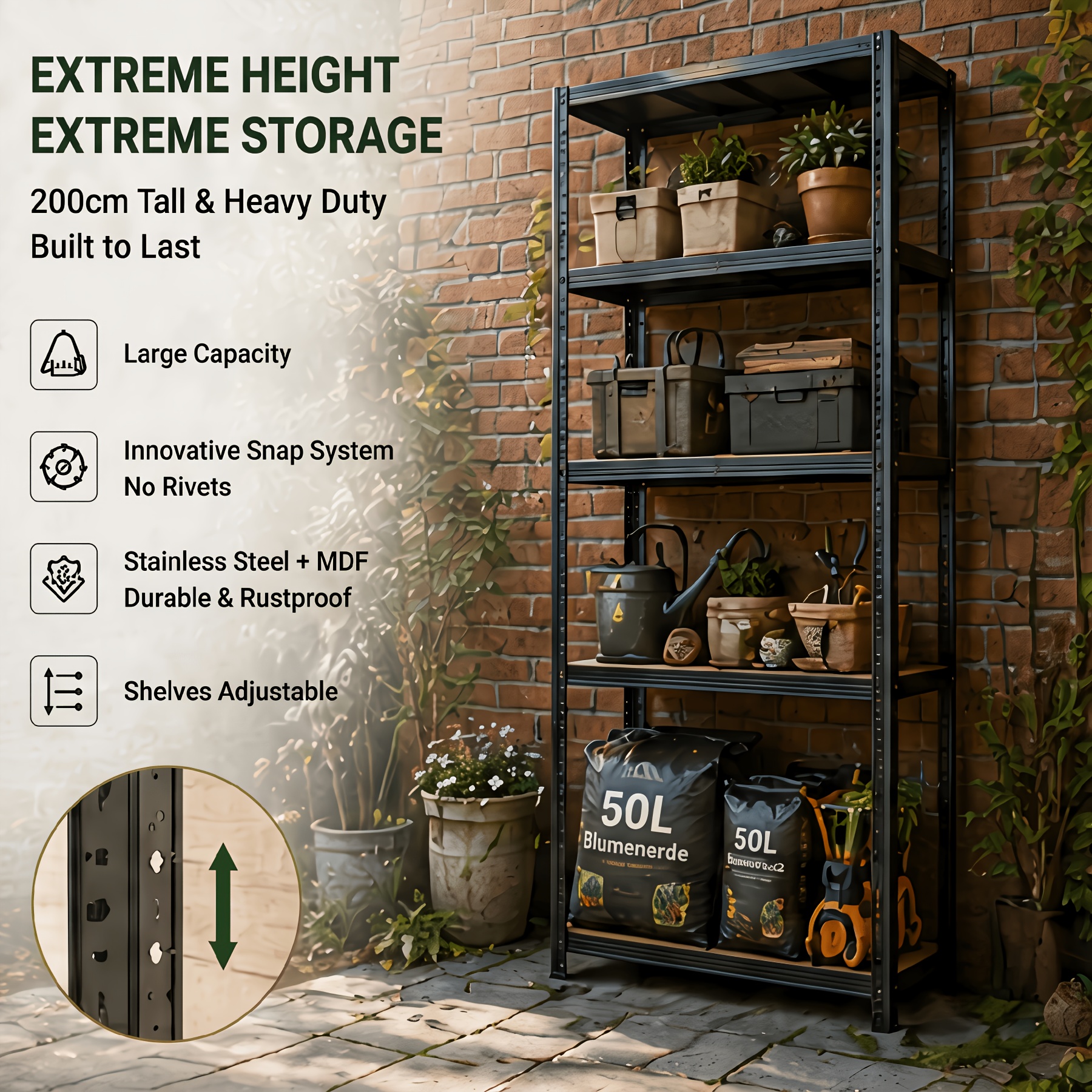 Image of 200cm 5-tier Heavy Duty Storage Rack Metal Shelving Unit For Outdoor Garden Patio, Yard Tool Supplies Organizer, Adjustable Shelves, Finish, Garden Tool Rack