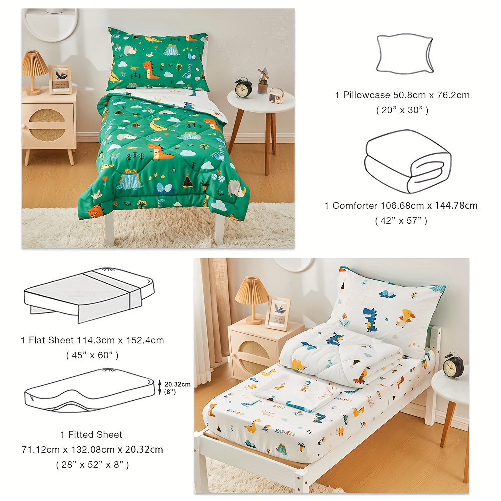 Four-Piece Green Dinosaur Pattern Kids Bedding Set