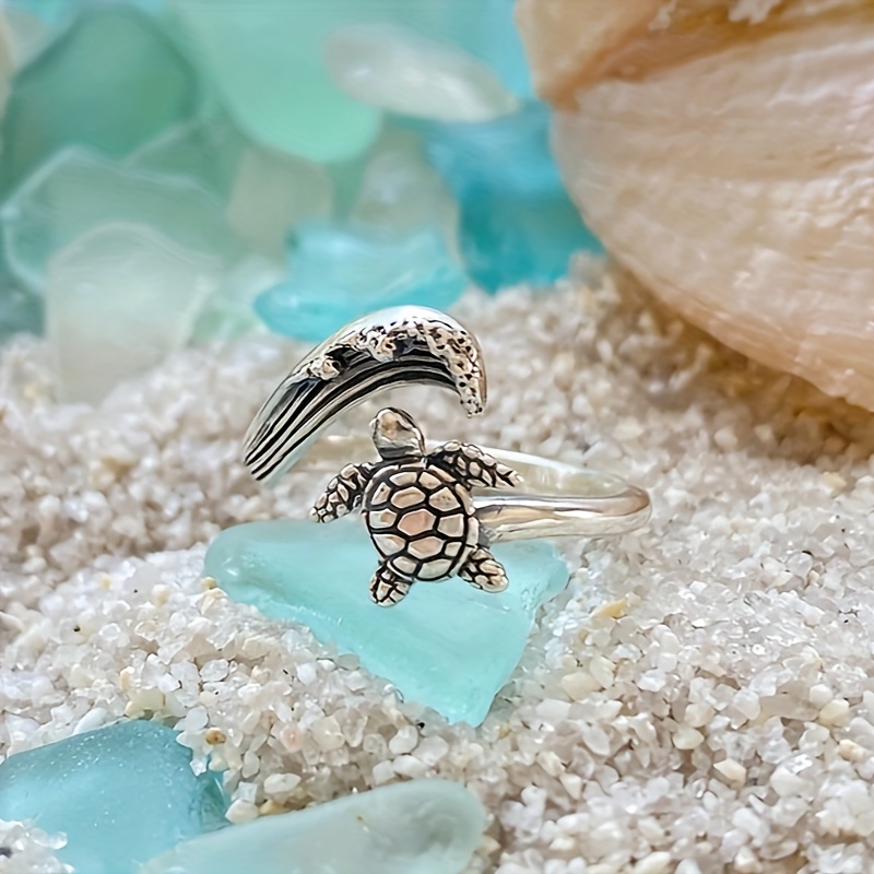 Sterling Silver Sea Turtle and Wave Adjustable Ring