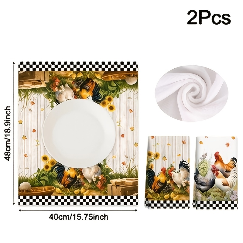 TEMU 2pcs, Retro Farm Theme Dish Cloth, Rooster & Sunflower Design Cleaning Cloth, For Bathroom, Kitchen Drying, Housewarming & Birthday Gift,