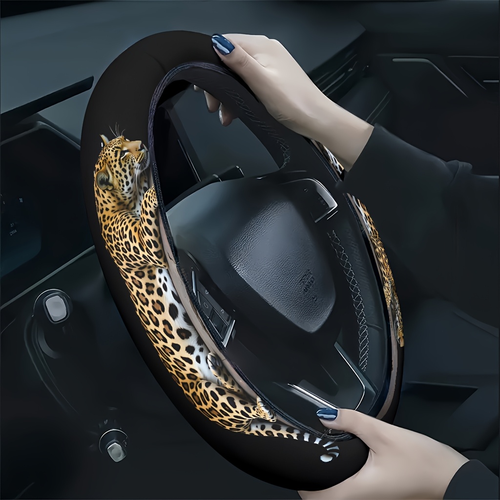 TEMU 1pc Leopard Resting On Rock Gazing Into Distance Car Steering Wheel Cover, Soft And Breathable Texture, Hand Fatigue, , Fashionable Car