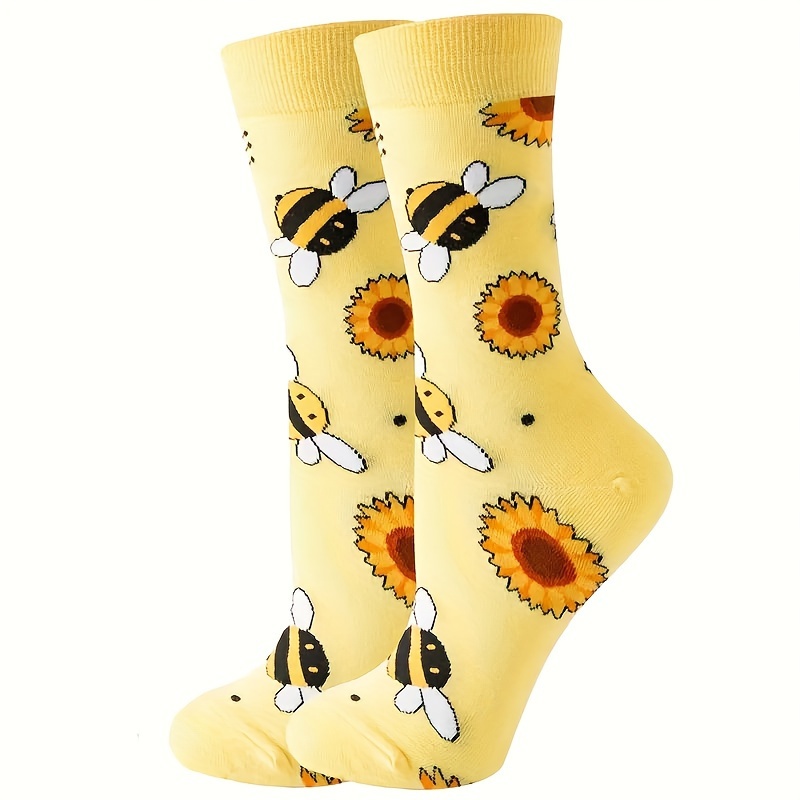 

Cartoon Bee & Sunflower Print Socks, Cute Couple Mid Tube Socks, Women's Stockings & Hosiery