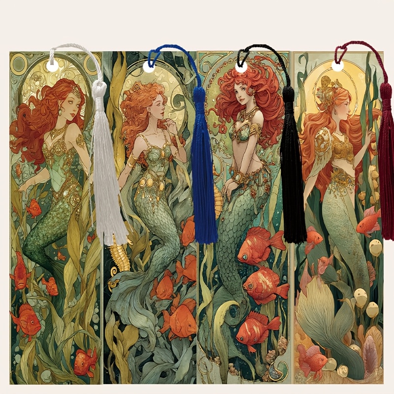TEMU 4pcs Little Mermaid Themed Tassel Pu Leather Bookmarks, 15cm(5.9in)*4cm(1.57in) Book Lovers' Bookmarks, Bulk Bookmarks For Men And Women, Unique