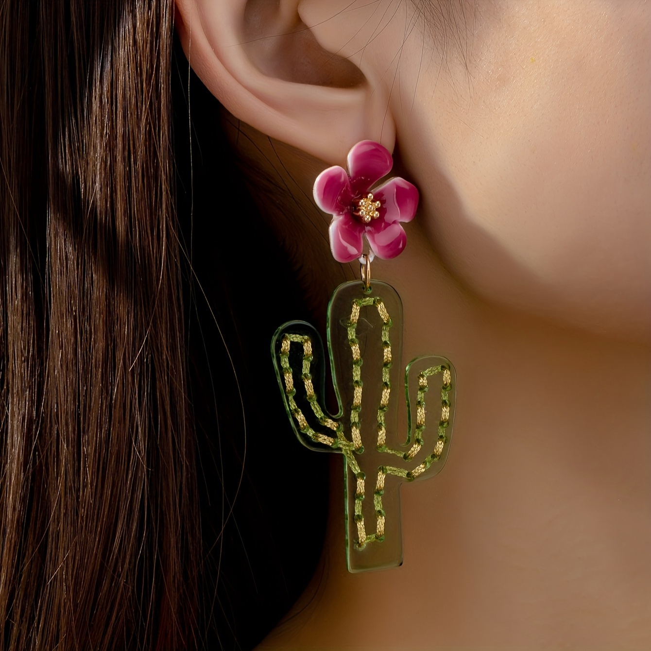 

Paire de Boucles d'Oreilles Pendantes Chic à Motif de Cactus d'Été - Rose & Vert , de avec Tiges en Fer, Design Élégant & Sexy pour ou les Vacances, Décoration de Cactus