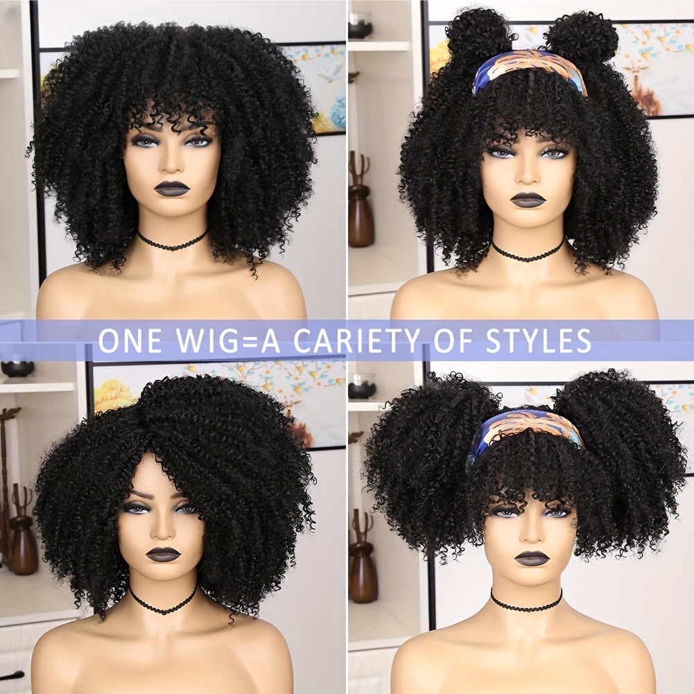 short hair afro kinky curly wig with bangs for women men synthetic curly hair natural glueless black wig cosplay