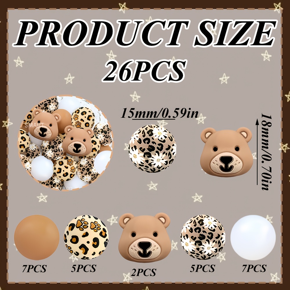 TEMU Ensemble de perles en silicone 26pcs avec motif léopard 3D et , motif tête d' 3D, 15M de petites perles rondes imprimées motif léopard et motif