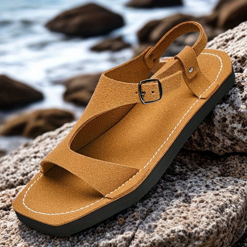 mens summer sandals slip on lightweight breathable pu upper with adjustable strap non slip thick   sole for casual beach outdoor wear yellow tan eu 38 47 strappy sandals minimalist   durable   insole vacation shoes    able footwear travel shoes Product details 0