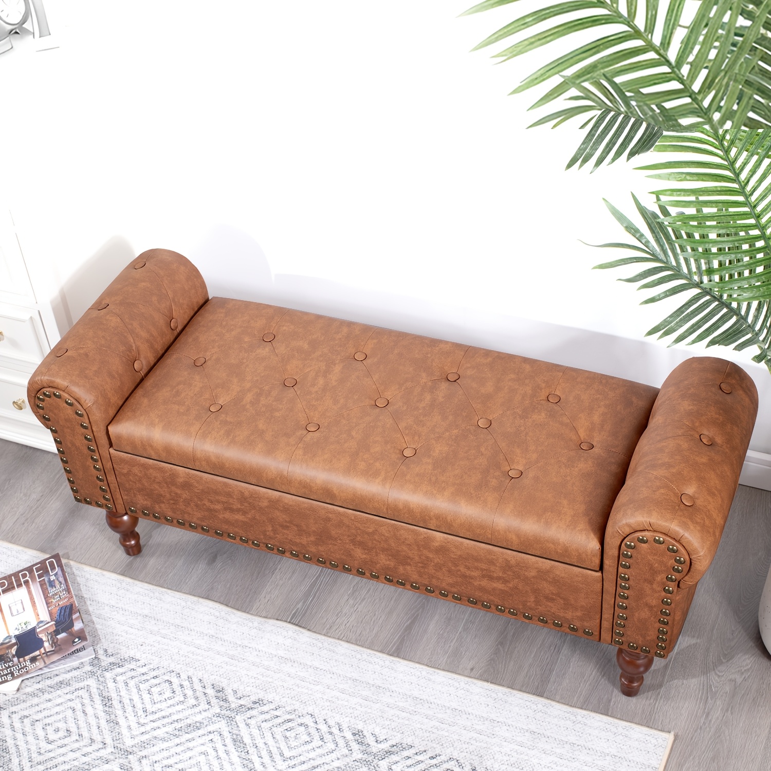 Tufted Faux Leather Storage Bench