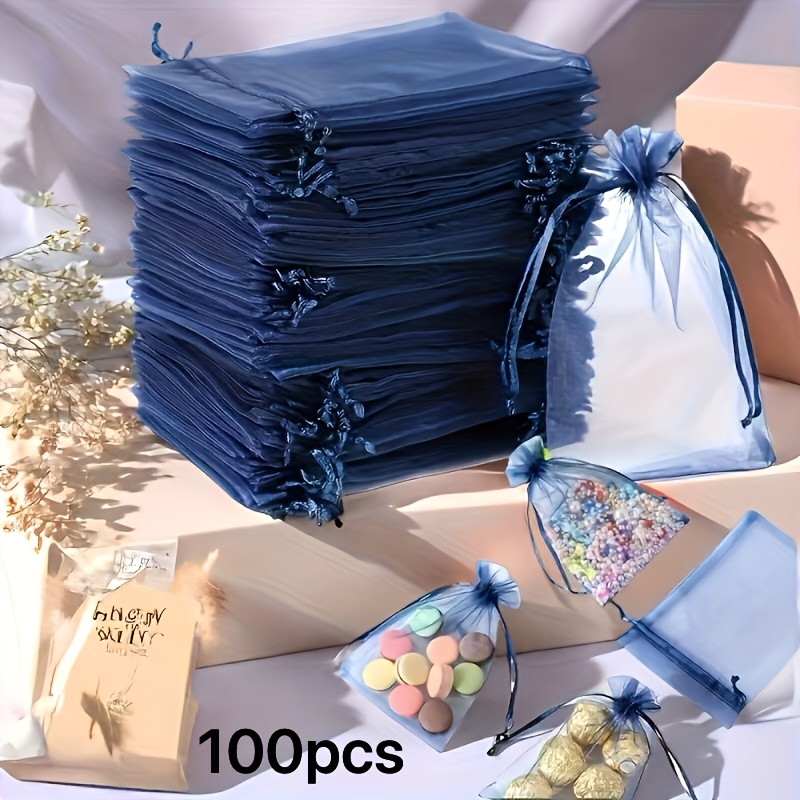 TEMU 100 Sacs Cadeaux Bleu Marine, 10*15cm, avec Fermeture Éclair - Sacs en Filet pour Bijoux, Mariages, Noël, Halloween, Nouvel An, Emballage Cadeau