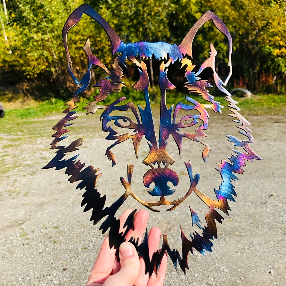 TEMU 2d Flat, 1pc 2d Flat, Vivid Rainbow Metal Wolf Wall Decor - Laser Cut Wrought Iron Decor With Intricate Fur And Bone Pattern, Great For