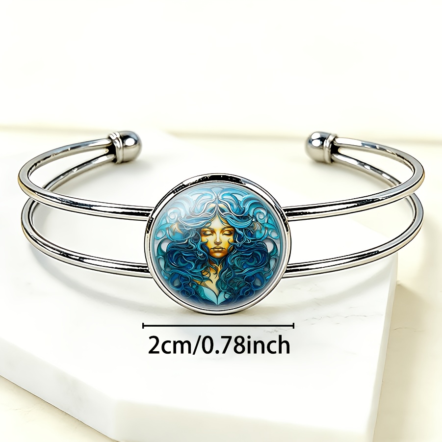 Women's Adjustable Open Bangle with Circular Time Gemstone Inlay