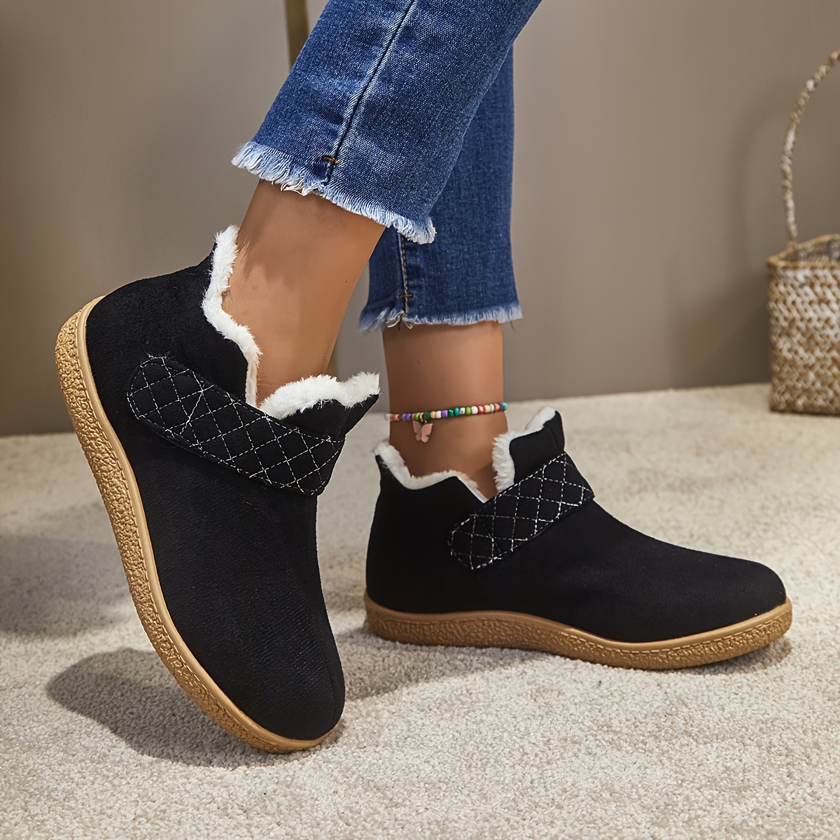 womens cozy fleece lined ankle boots slip on round toe flat heel       details 9