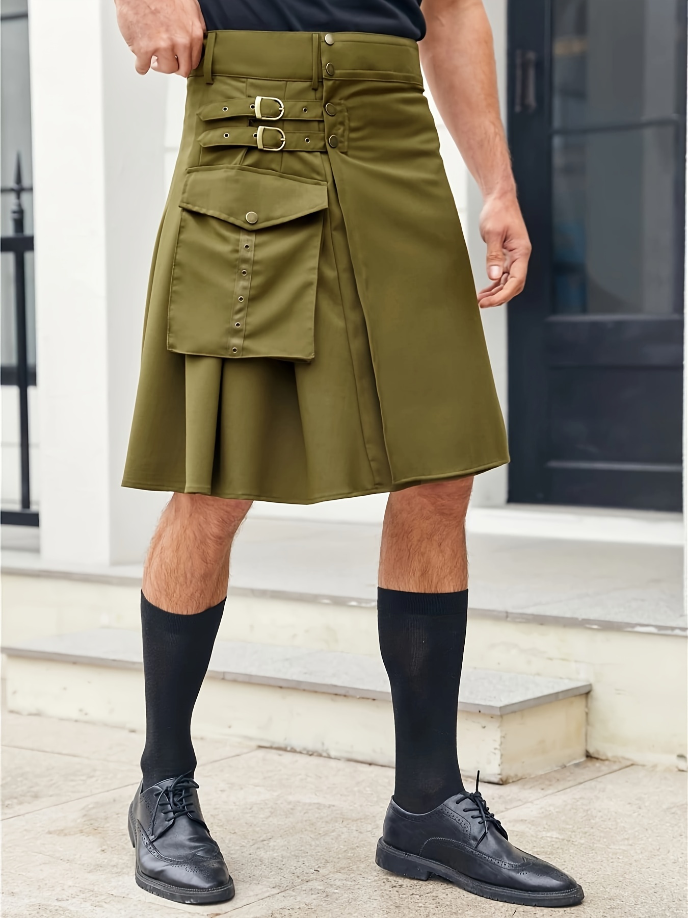 Mens Kilt Utility Scottish Traditional Highland Solid Pleated Straps  Costume Kilts With Cargo Pockets