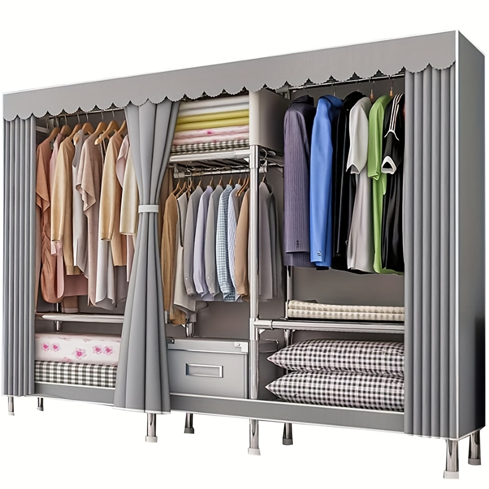 E-shop Tragbarer Kleiderschrank, Schrank Organizer, Schlafzimmer Stoff Kleiderschrank mit Kleiderstange und grauen Oxford Stoffregalen, Pop-Up