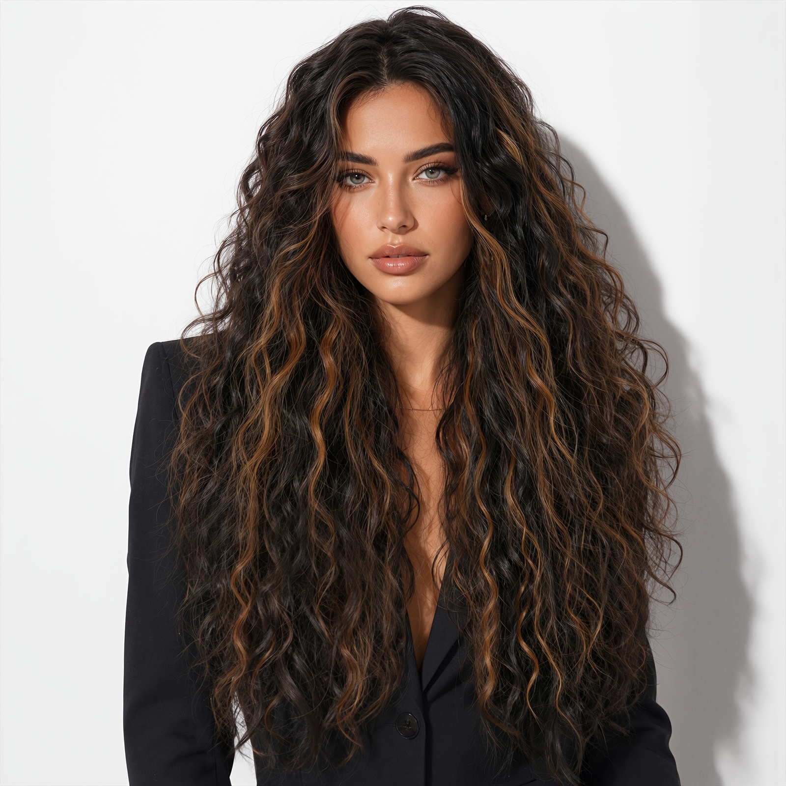 Image of Black Middle-part Brown Highlighted Small Long Synthetic Fiber Wig For Women, Matte High-temperature Fiber With Cap, Breathable