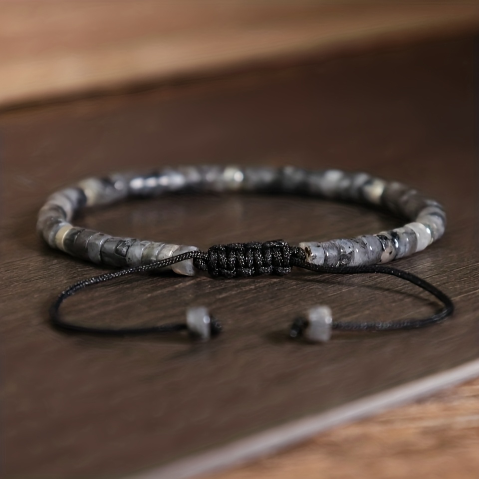 TEMU Pulsera ajustable de cuentas de labradorita negra - Piedra pulida para uso diario, cuentas retro unisex, regalo de labradorita para hombres y