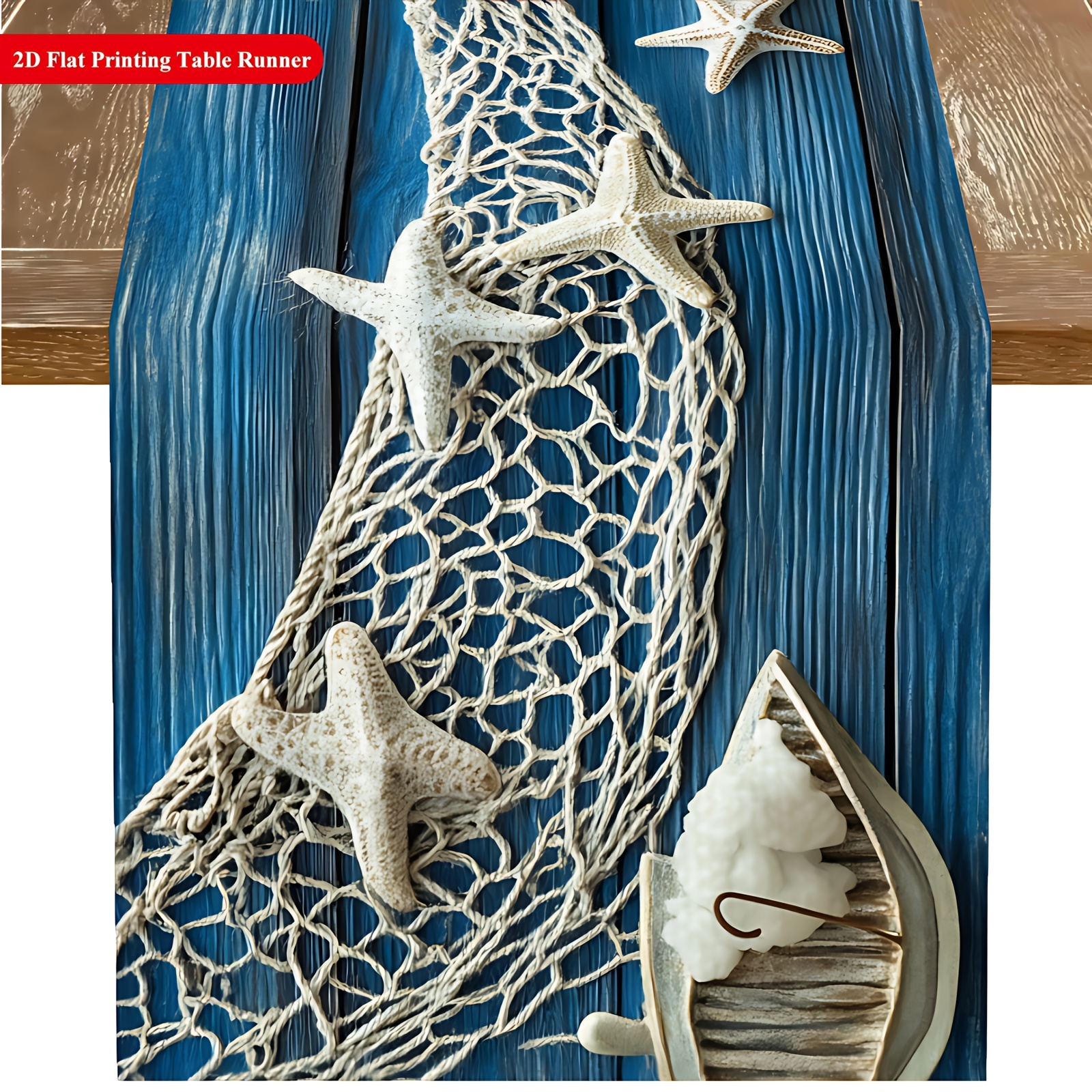 1pc Nautical Table Runner - Blue And Beige Anchor And Starfish Ocean Decor, Easy-clean Polyester Table Decor, Suitable For Dining Table, Kitchen, Coastal Home - Ideal For Beach Parties, Day