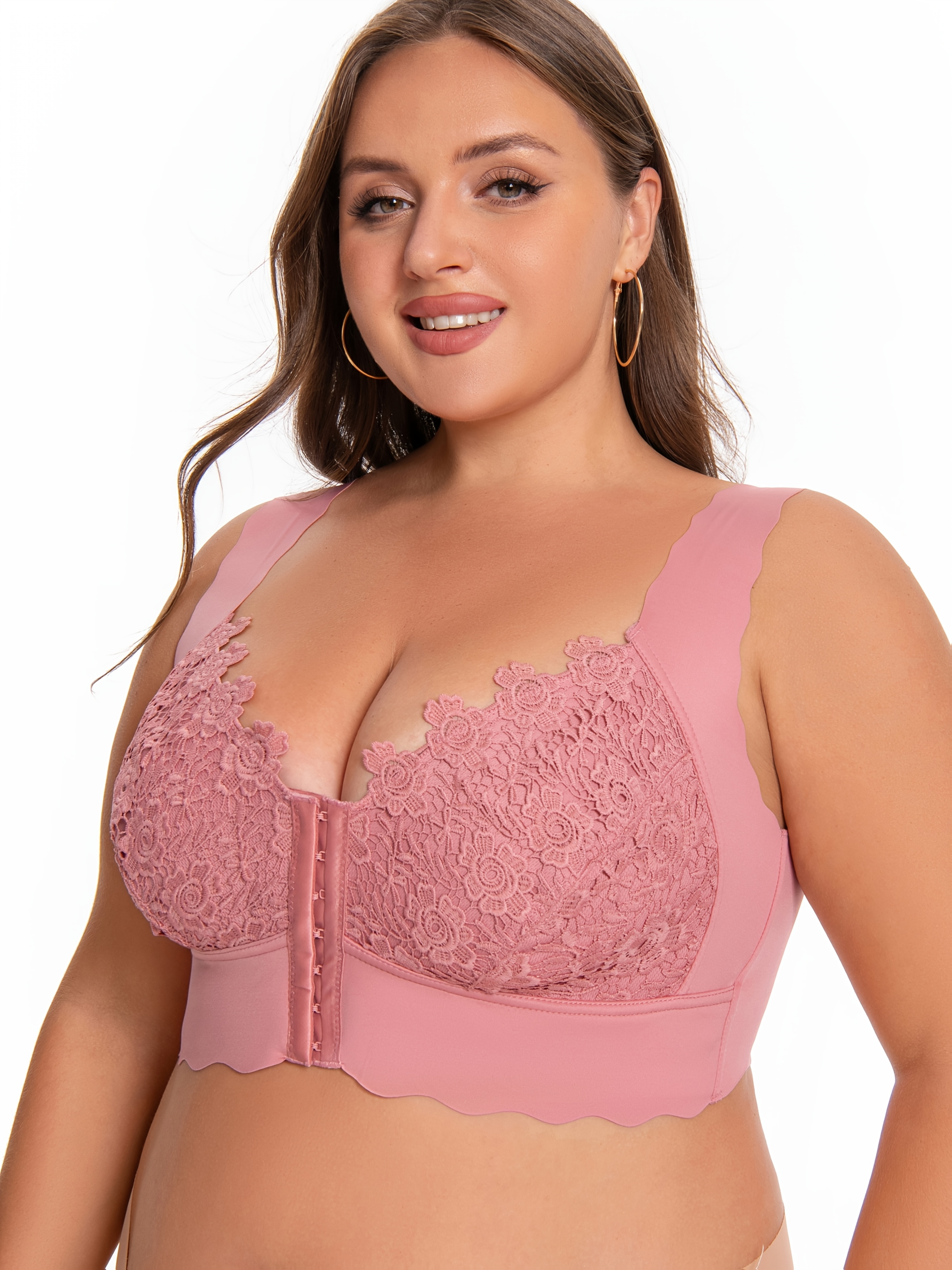Plus Size High Support Seamless Non-Wired Wide Shoulder Strap Bra with Front Closure, Lace Detailing, V-Neck, Stretch Design, Comfortable Breathable, Suitable for Casual Attire, Ultra-Fitted Vest Style