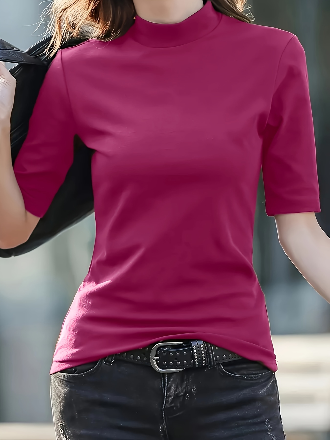 Women's Casual T-Shirt - High Elasticity Solid Green Crew Neck Top, Machine Washable & Dry Cleanable, Regular Fit All-Season Versatile Shirt for Casual Attire, Ladies T Shirts, Elegant Style, Highelasticity Fabric