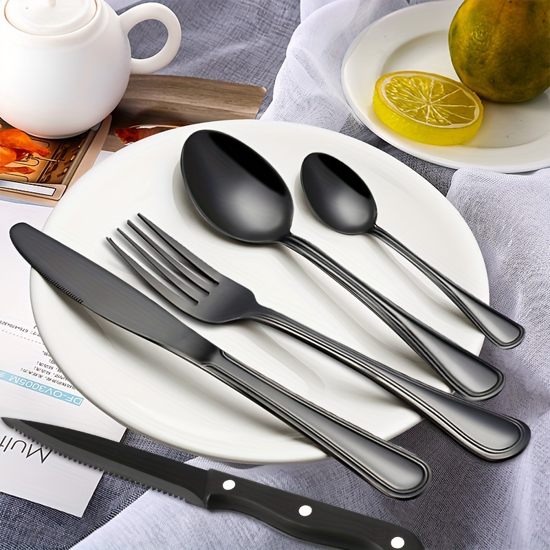 

Silverware Set, 48pcs Black Silverware Set With Steak Knives Stainless Steel Cutlery Set For 8 Includes Knives Forks And Spoons Kitchen Silverware Sets For Home, Mirror Polished & Dishwasher Safe