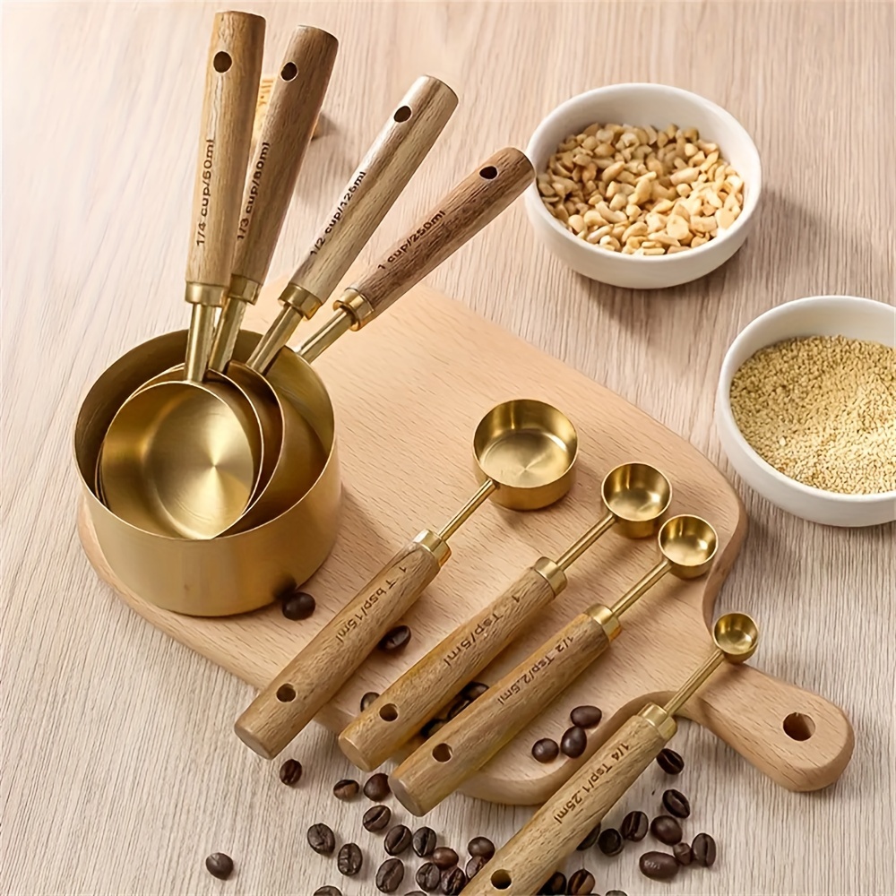 Image of 8pcs Measuring Cup And Spoon Set Made Of Acacia Wood, Stainless Steel Measuring Cups With Wooden Handles, Kitchen Measuring Cups, Baking Measuring Tools.