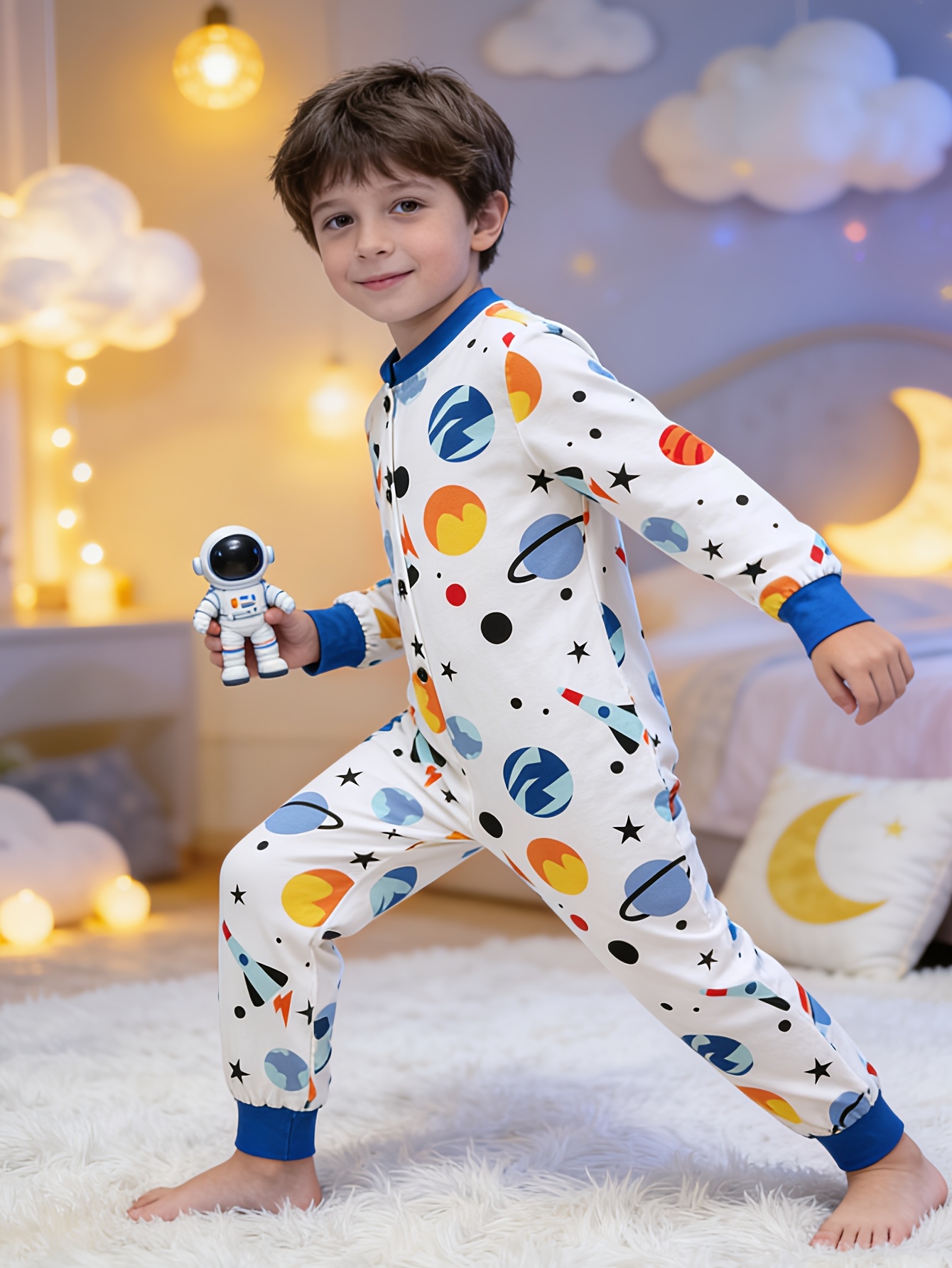 item picture 1pc boys spring autumn flame retardant fabric cool astronaut with space planets print button up long sleeve long pants onesie pajamas suitable for daily cool loungewear holiday outfits fathers day parent child matching outfits