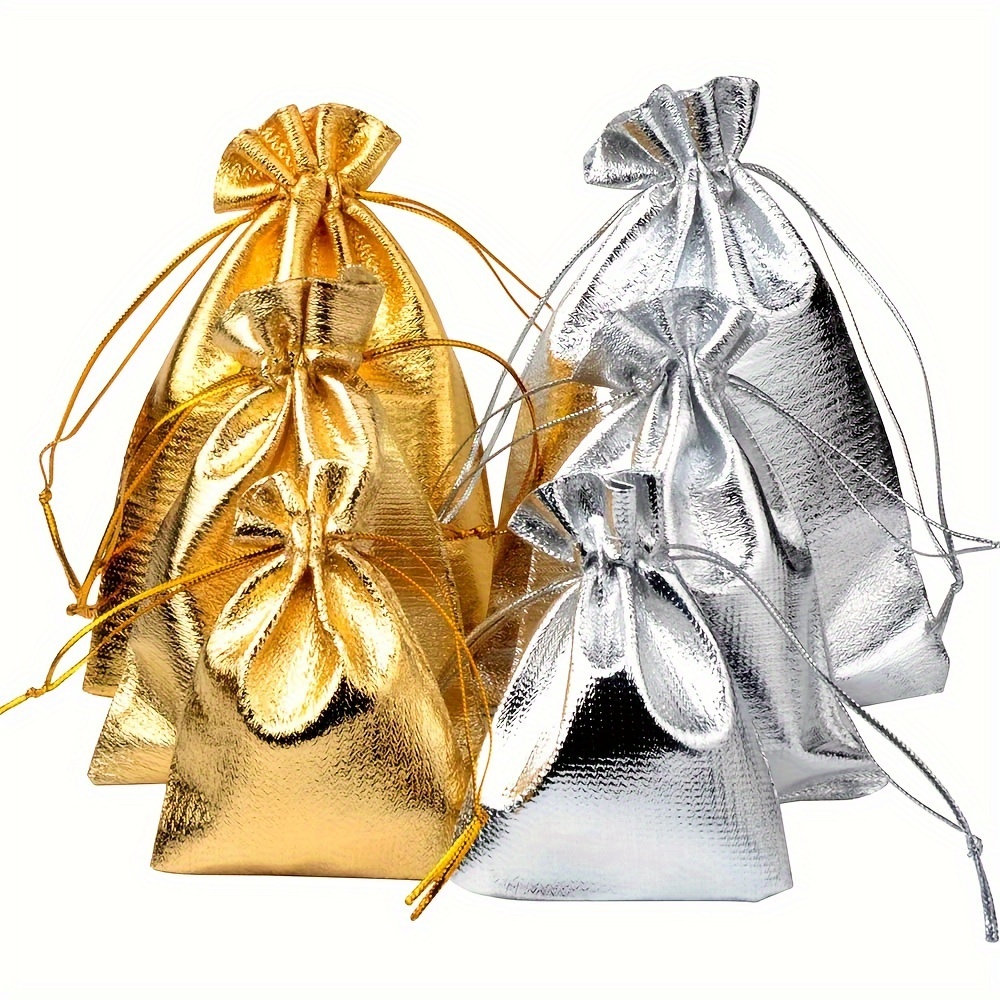 

50pcs, Golden And Silvery Cloth Bags, Adjustable Jewelry Packaging Bags, Golden And Silvery Drawstring Wedding Gift Bags, Jewelry Bags, Party Favor Storage Bags