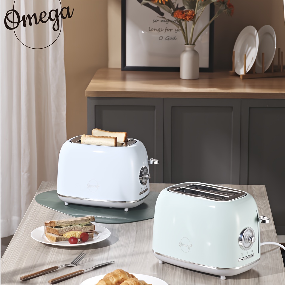 Omega Vintage 900W 2-Slice Toaster with Extra-Wide Slot & High-Lift Lever, 6 Shade Settings, Bagel/Defrost/Reheat Functions, Dual Control, Retro Style Toaster, Stainless Steel Retro Toaster with Vintage Mint Green Design - 220V, South African Plug, Ideal for Home & Commercial Kitchens, Breakfast Essential, Quick Toasting, Stylish Appliance, Nostalgic Look, Premium Finish, Highquality Build, Bagel Function, Tostadora De Pan