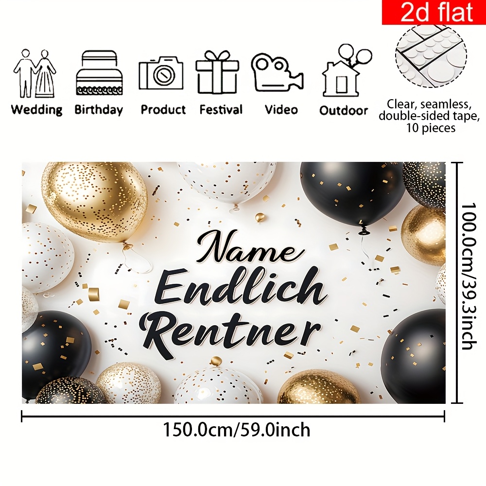 TEMU 2d Flat Banner, 1pc German Customizable Name Retired Banner Polyester Confetti Theme Photography Backdrop, Personalized Text Colleague Farewell