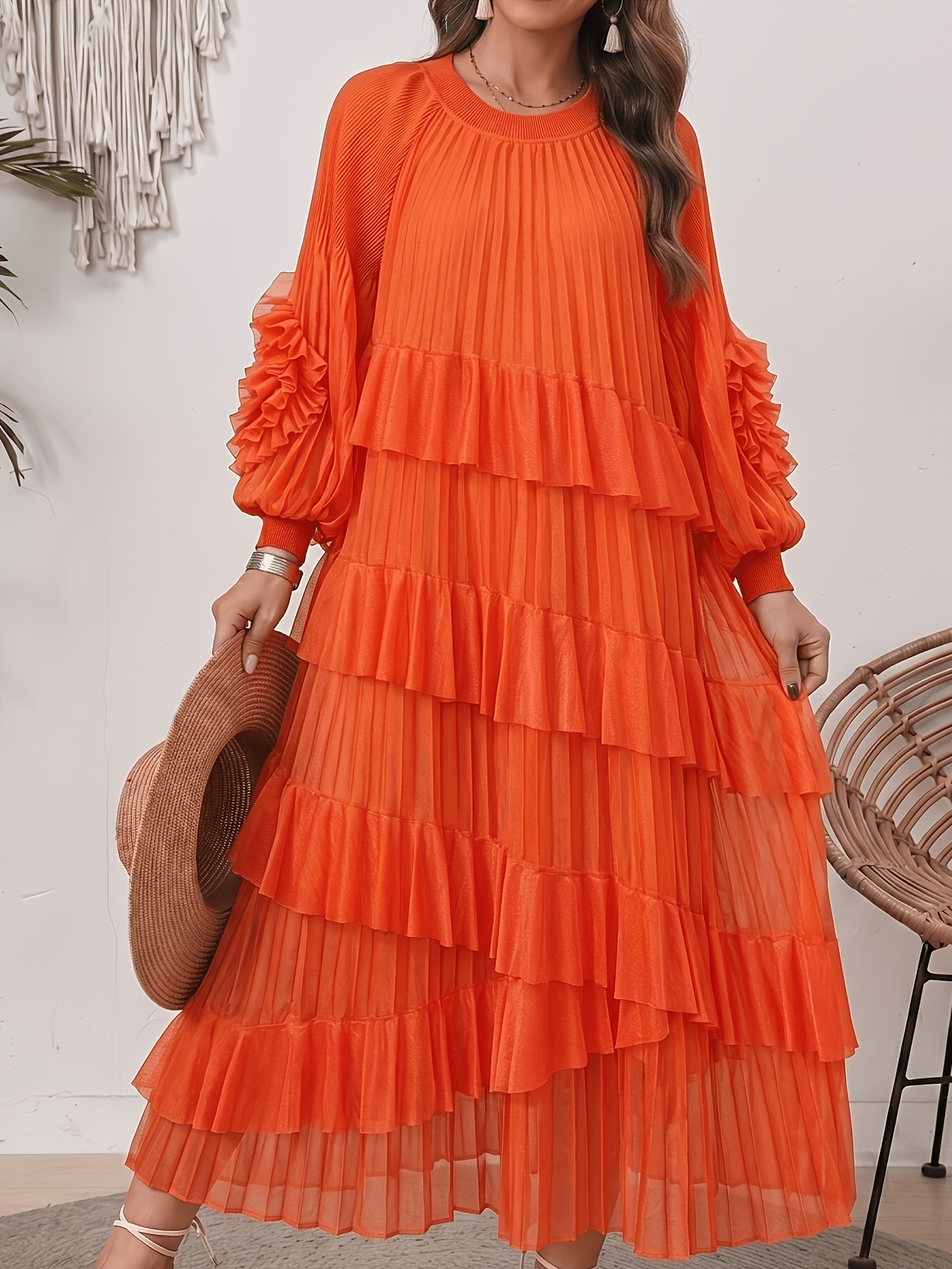 womens elegant solid color lantern sleeve maxi dress pleated - Temu