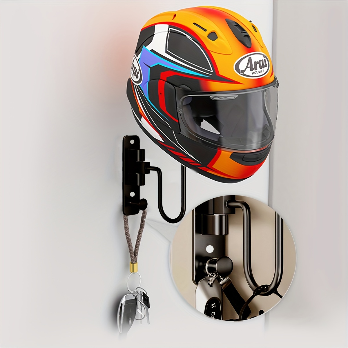 Otorcycle Wall Ounted Helet Holder 180-Degree Rotating E-Bike Helet Display Rack With 2 Hook For Hats, Caps, Coats, Jackets - Black - Foto 5