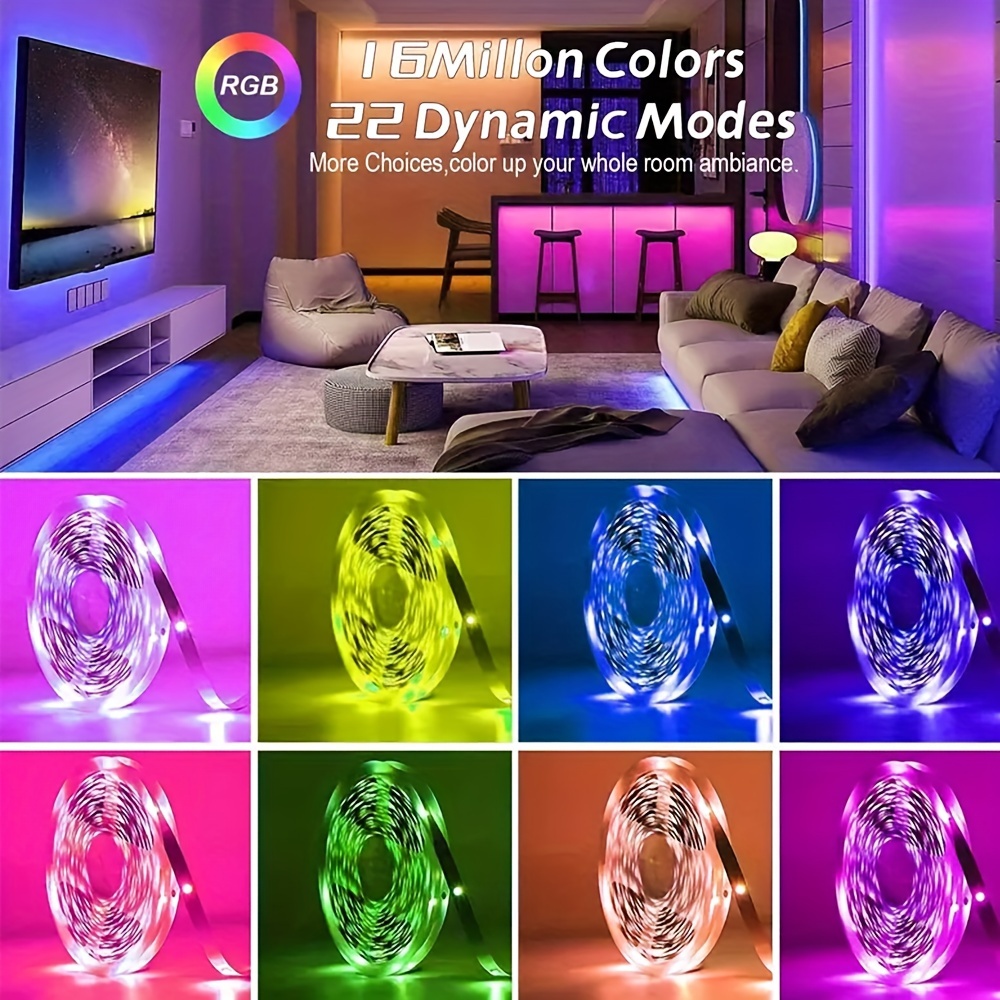 Bande lumineuse LED, alimentée par USB, contrôle par application intelligente, synchronisation musicale, changement de couleur, télécommande 44 touches, fonction minuterie, abat-jour en plastique, sans fil, pour chambre à coucher, fête à domicile, éclairage commercial détails 1