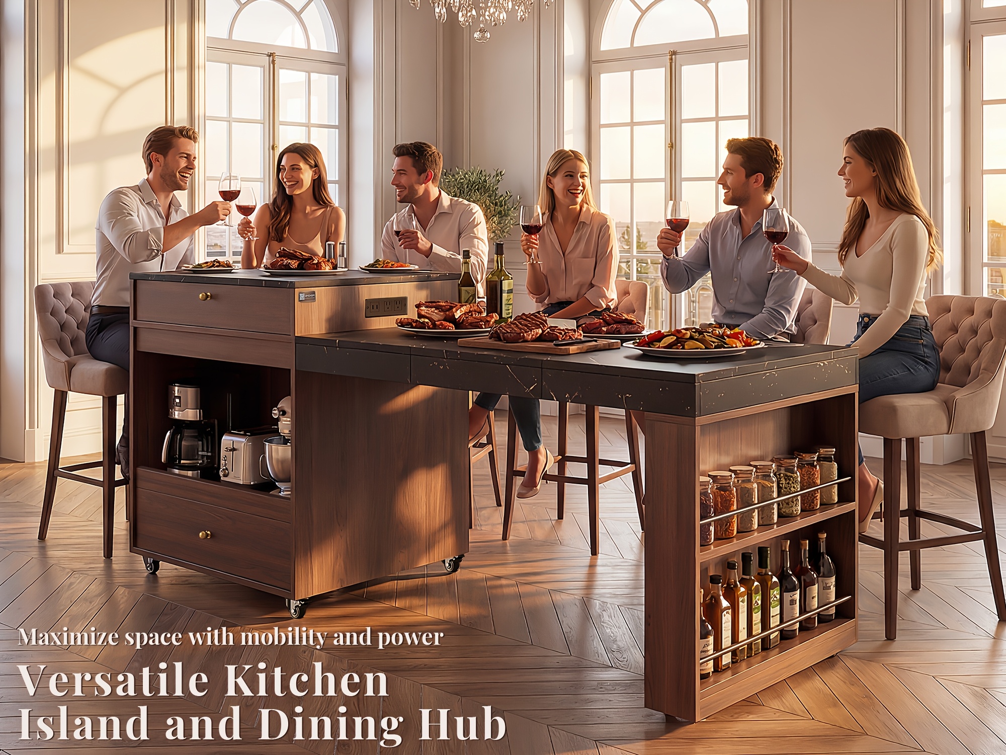 78.6 Inch Extendable Rolling Kitchen Island with Storage Drawers Open Shelves, Mobile Kitchen Cart, Drop-Leaf Breakfast Bar for Dining Room