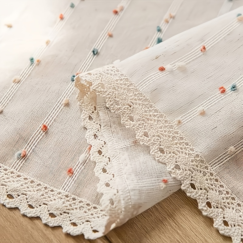 TEMU 1 pieza Cortina corta de estilo francés romántico con bordado de bolas coloridas a rayas y encaje de croché en la parte inferior, con bolsillo