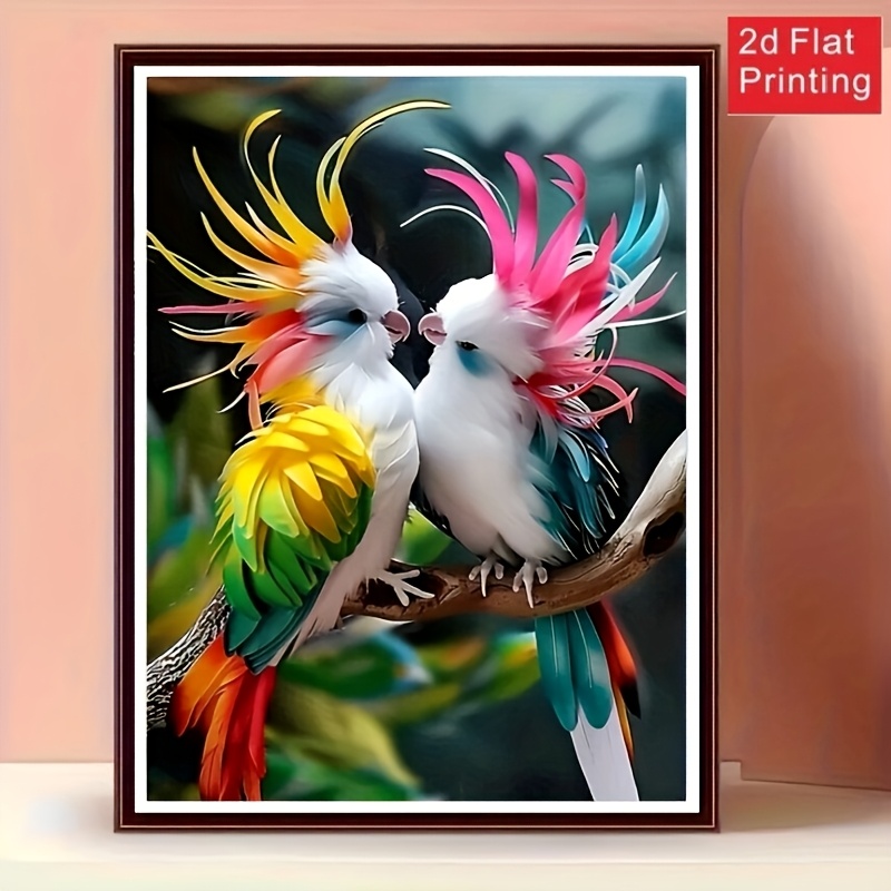 Image of 2d Flat Printing Frameless Diy Diamond Painting Kit, Animal - Colorful Parrots, Parrots Embracing , Round Acrylic Diamonds, Craft Set, Home Wall Decor Mosaic Art, Gift For Adult Beginners