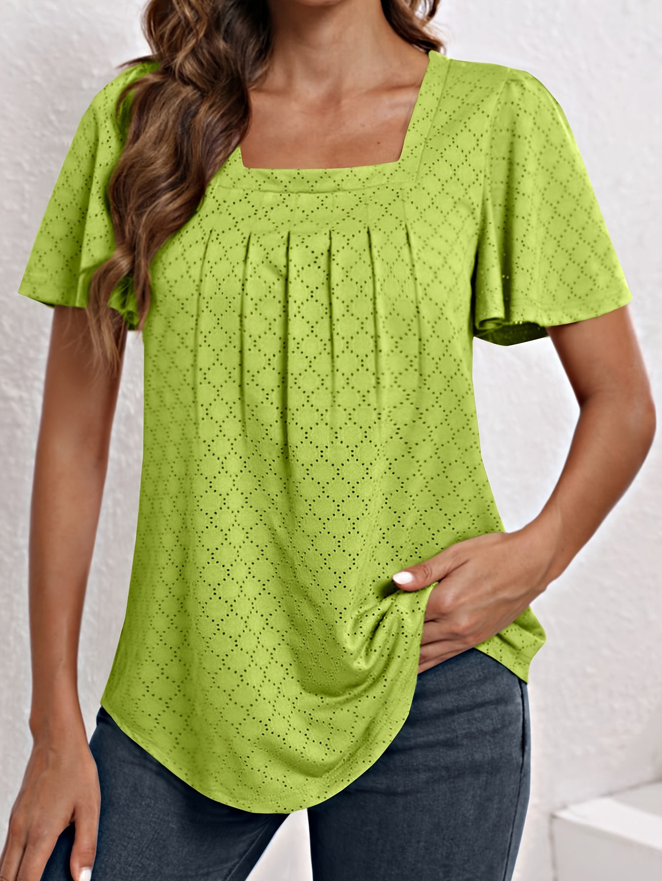 Plus Size Women'S Square Neck Ruffle Sleeve Top - Breathable Eyelet Cut-Out Fabric, Unique Chest Pleat Design, Elegant Fashion for Spring Summer Fall, Formal & Casual Wear, Casual Wear Top | Pleated Detail Top | Stretchy Fabric Top, Ladies T Shirts