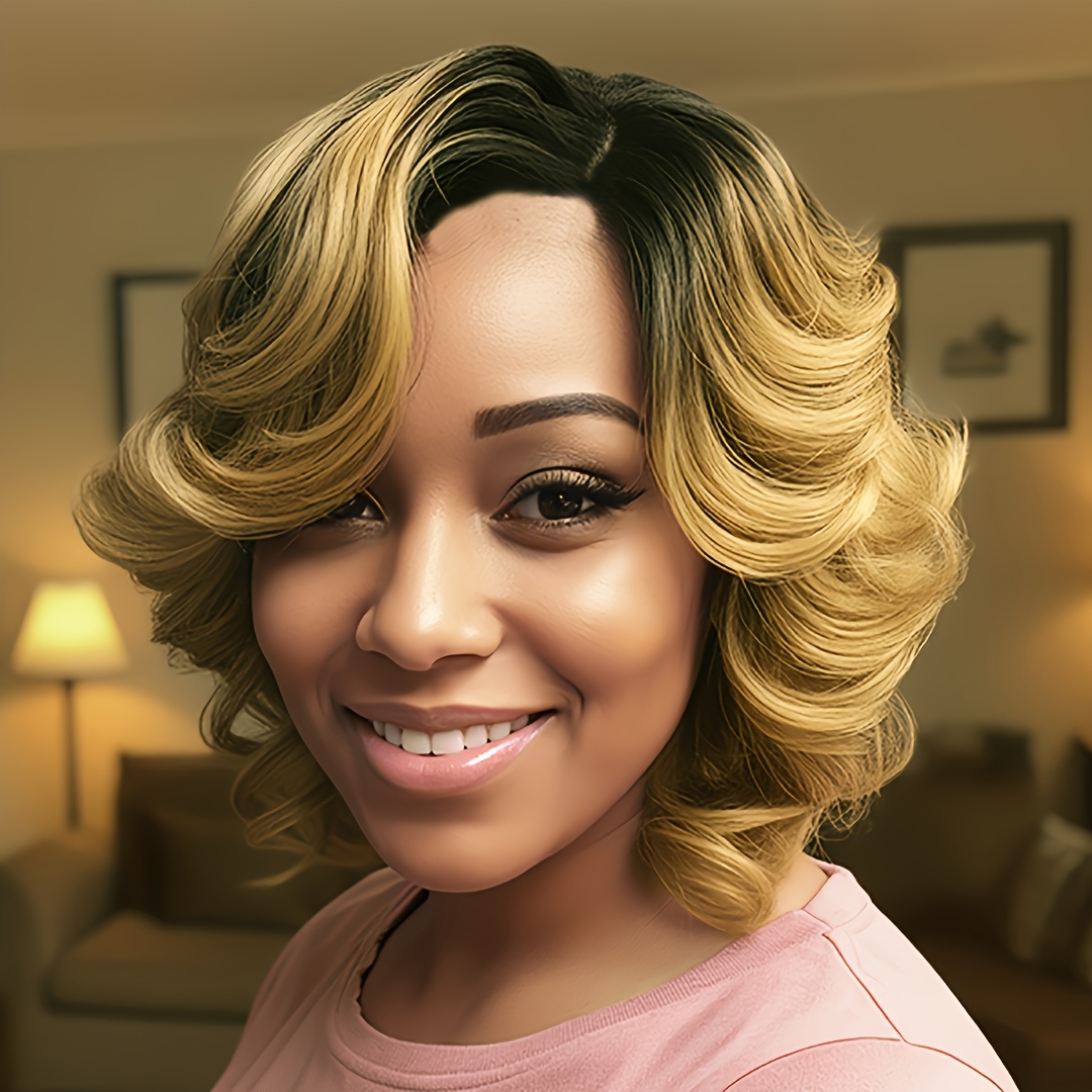 TEMU Local Warehouse Wigs For Women Ombre Blonde Wave Wigs With Dark Synthetic Wave Bob Wig For Women Synthetic Curly Haircut Wig Trendy Style Wigs For Halloween Christmas -to-wear Beginner Friendly