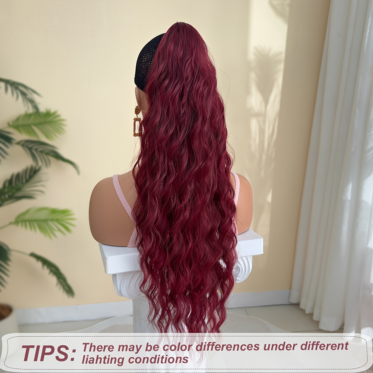ponytail extension drawstring clip in hair extensions 28 inch long wave synthetic hairpiece wine red details 1
