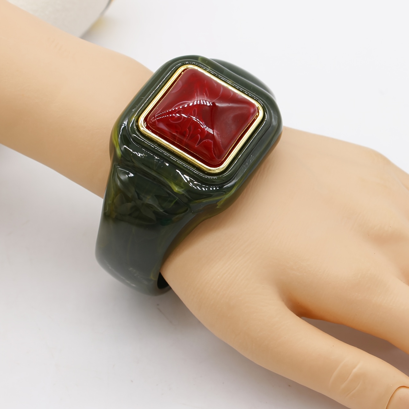 Women's Retro Square Resin Wide Bangle, Imitation Marble Design