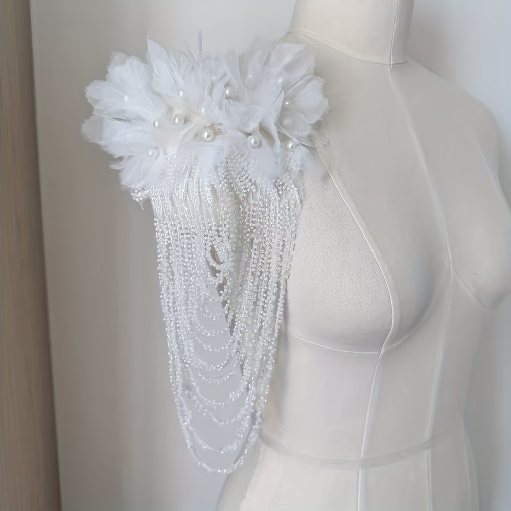 E-shop 1 Handgenähte Spitze mit Perlen Fransen Schulterverzierung für Brautkleid DIY Patch Dekorationsaccessoire
