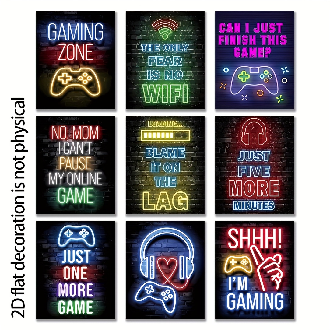 TEMU 9 Affiches Néon Gamer Cadre, Décor Murale Moderne pour Salon, Chambre ou Bureau, 8 x 10 POUCES, 2D Plate, Idéal pour Décoration de Salle de Jeu