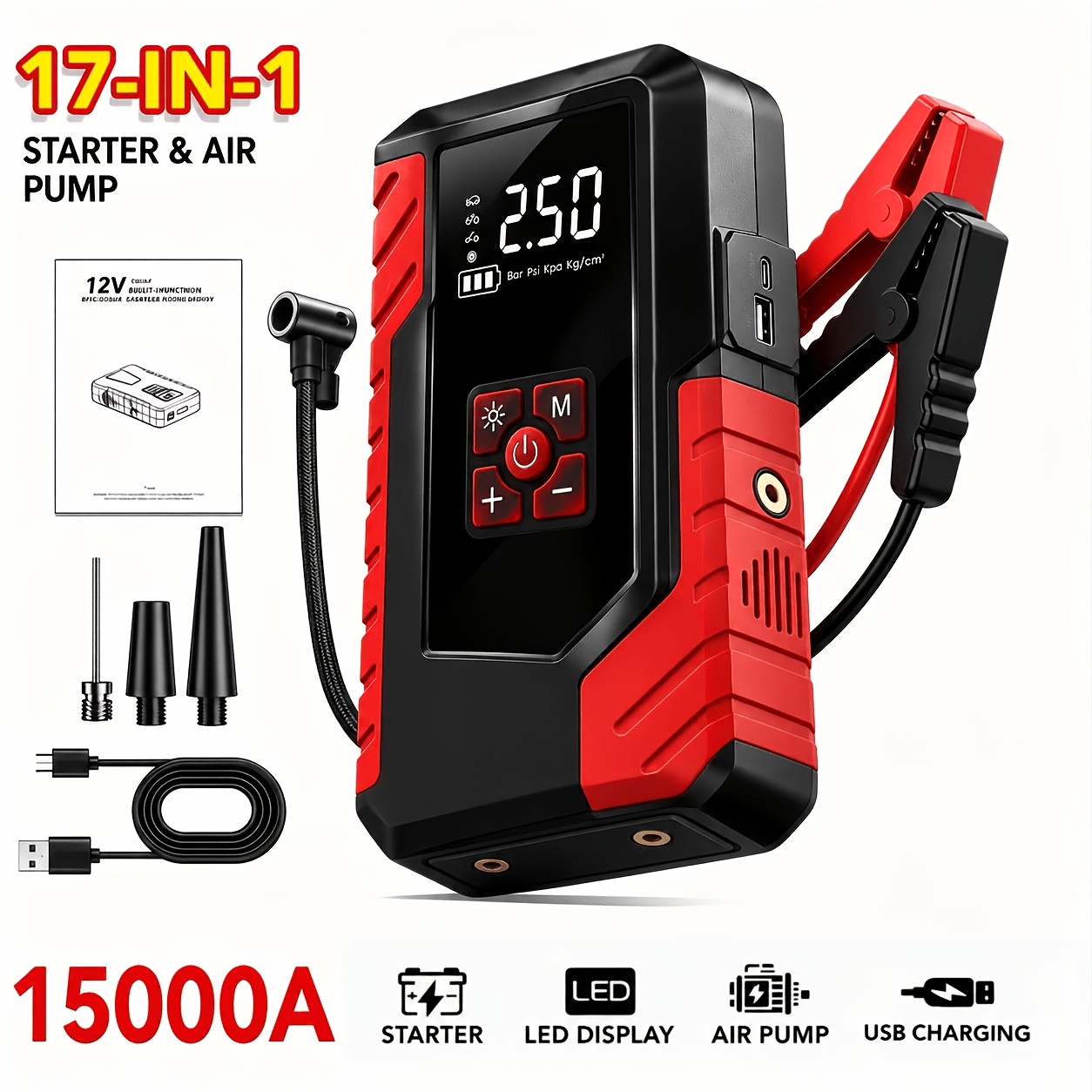 TEMU 15000acar Emergency Jump Starter With Air Compressor, 12v Car Battery Charger, 150psi Digital Tire Inflator, Ideal For Emergency Starting Of