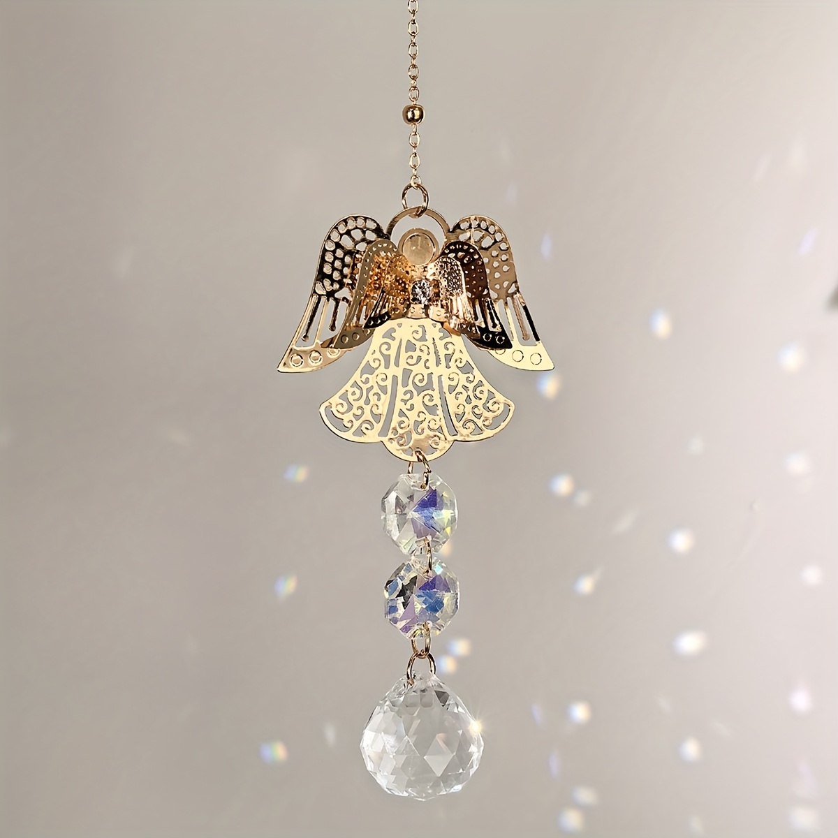Image of 1pc Angel Wind Chime Light Catcher - Elegant Decoration With Golden Angel Statue, Crystal Prism Beads And Wind Chimes, Indoor And Outdoor Decor , Perfect Gift For