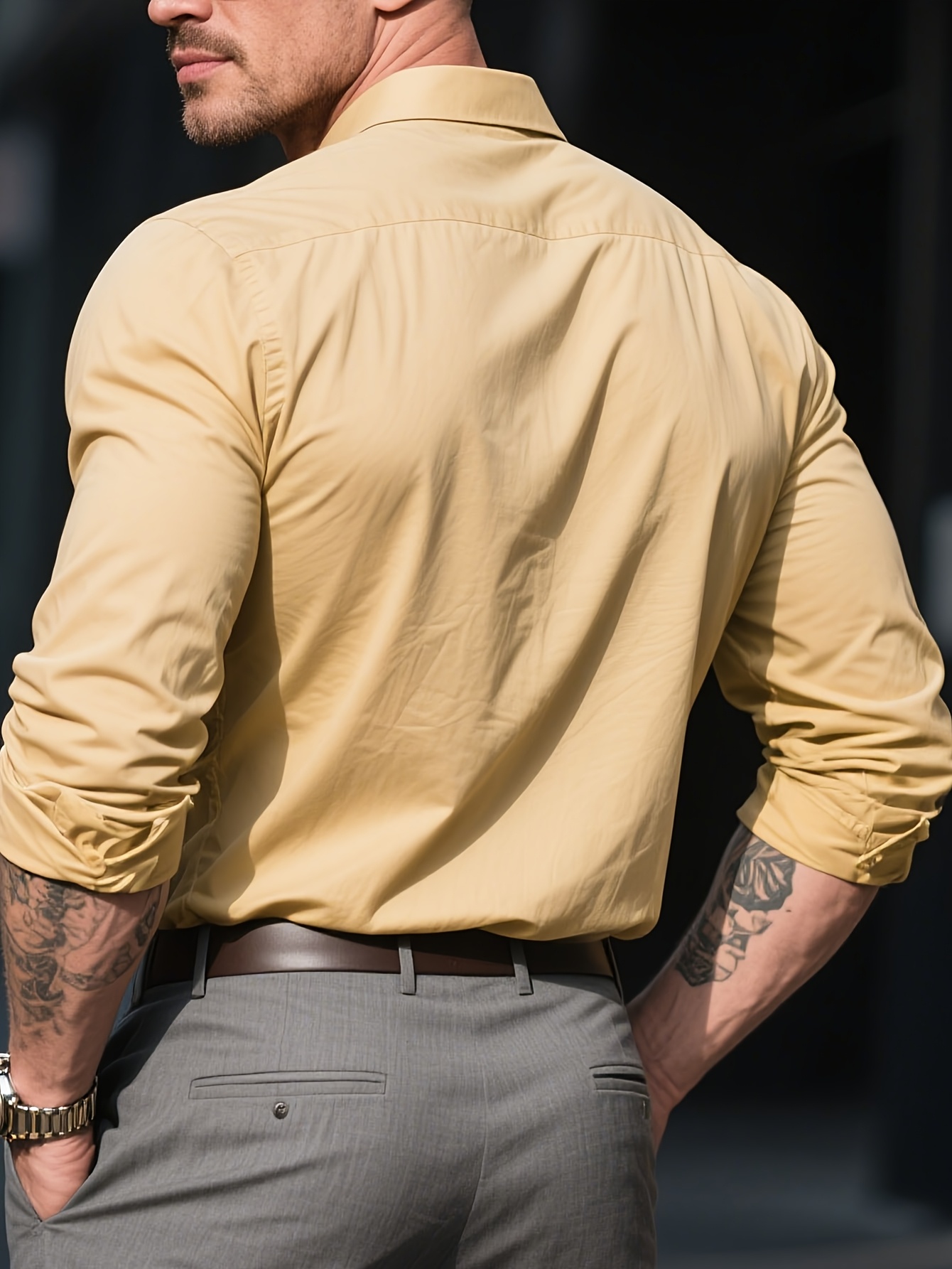 mens elegant khaki shirt fit gold buttons long - Temu Oman