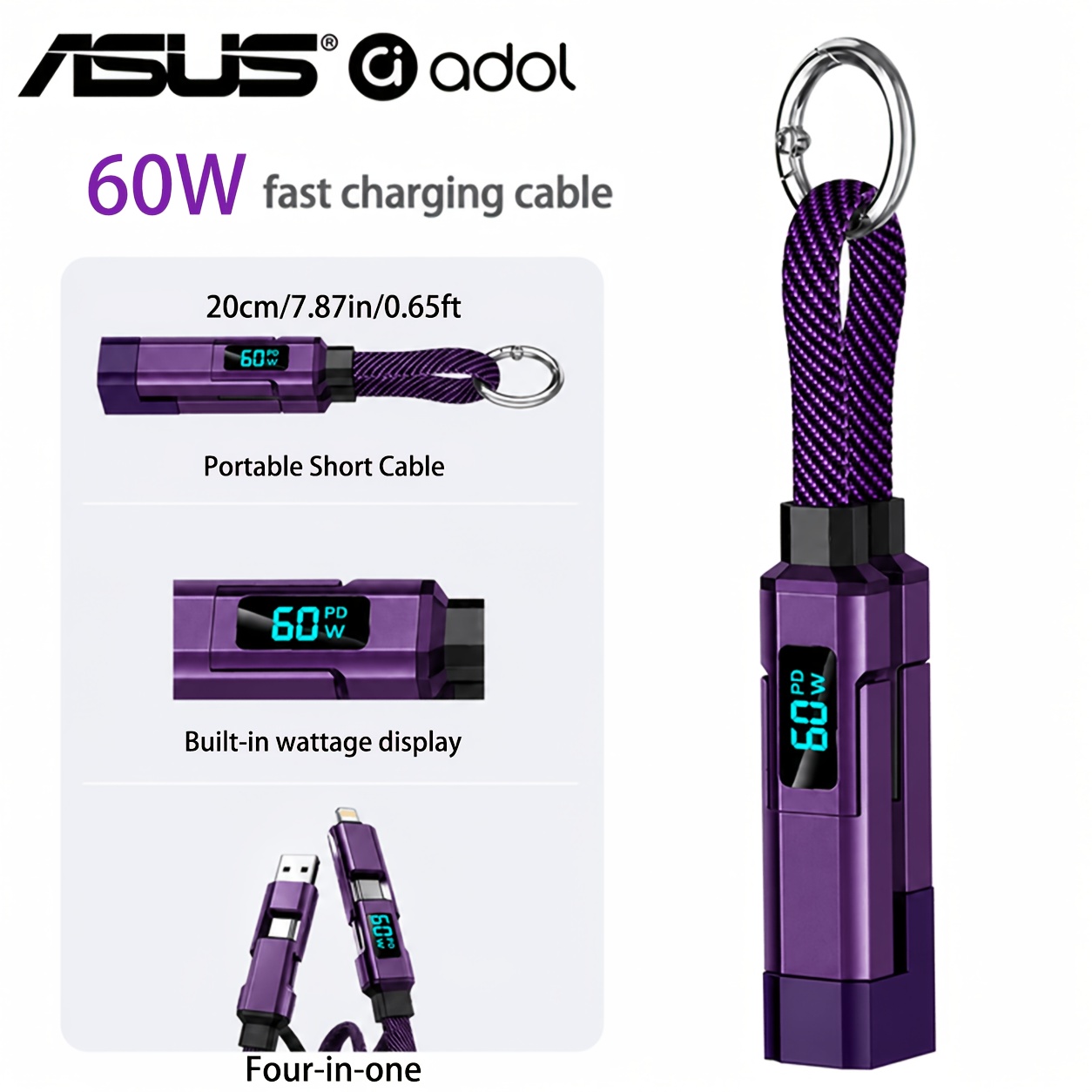 TEMU [four-in-one] Asus 60w Super Fast Charging Four-in-one Hanging Data Cable Suitable For Iphone 15-18 Promax, Ipad Pro, For Galaxy Charging Usb-c
