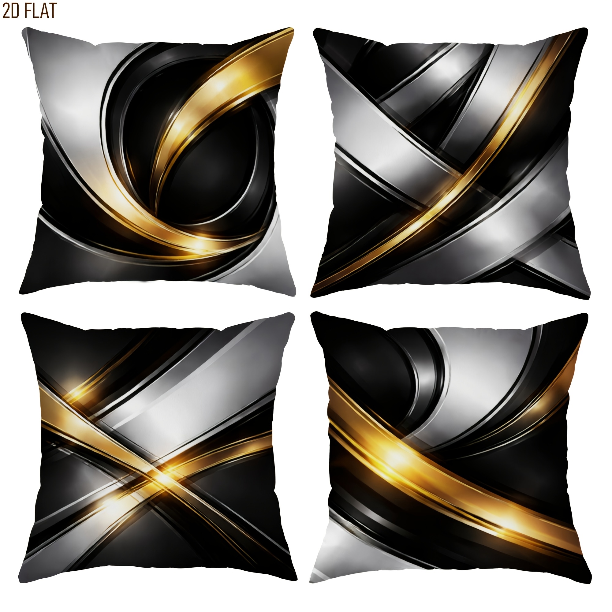 TEMU 4pcs Set 2d Flat Modern Geometric Abstract Black And Golden Pillowcases With Silvery Decorative Pillow Covers, Single-sided Print. Suitable For